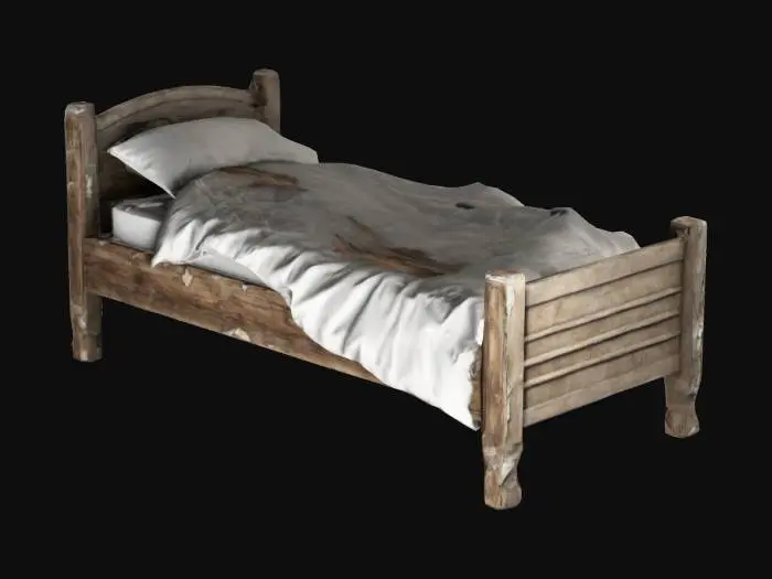 3D model for fantasy wooden damaged bed, simple, with pillow and crumpled