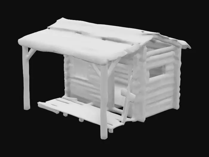 3D model for scary old damaged wooden log cabin