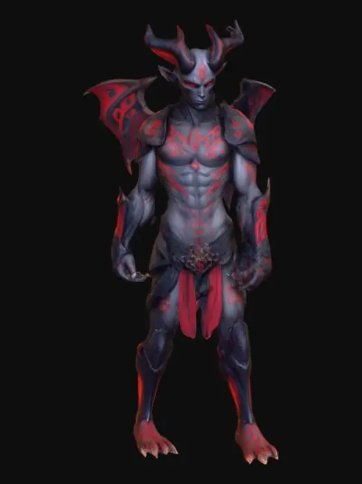 3D model for A male demon in anime style, with an intimidating yet elegant appearance. His skin has a dark grayish tone, adorned with faintly glowing red tribal markings on his arms and face. His horns are long and curved backward, featuring intricate filigree details that seem to be crafted from obsidian. He wears black armor with red accents, embellished with flame motifs and chain patterns. His wings resemble those of a bat, boasting a weathered texture with a metallic sheen. His eyes glow with a deep, fiery yellow, complemented by feline pupils. The overall texture should feel semi-2D, with vibrant colors and sharp, defined lines that capture the dramatic flair of anime artistry.