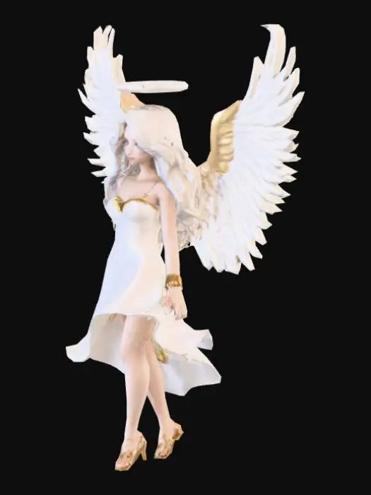 3D model for "Crea un ángel femenino estilo anime moderno. Proporciones semi-realistas: cabeza grande, extremidades largas, cuerpo delicado. Rostro juvenil con ojos azules brillantes y cabello blanco plateado ondulado. Lleva un vestido blanco satinado con detalles dorados, sandalias doradas y brazaletes finos. Alas grandes y luminosas con plumas blancas y doradas, aureola flotante. Posición relajada sobre una nube translúcida, fondo minimalista con cielo pastel. Diseño etéreo, elegante y lleno de paz."