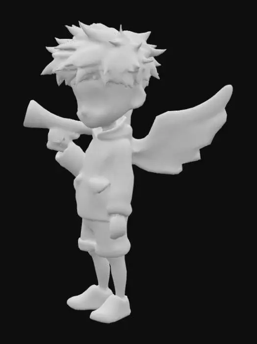 3D model for 'Young Angel One Piece style with adventurous theme. Children's face with large curious blue eyes. Pocent blonde hair with bright white tufts. You saw a white and blue explorer suit with multiple pockets and accessories. Small wings with degraded feathers in pastel colors. It carries a magical telescope that emits star light. Pose in T: Standing with legs together, arms extended horizontally to the sides, straight torso, looking forward with curious expression. '