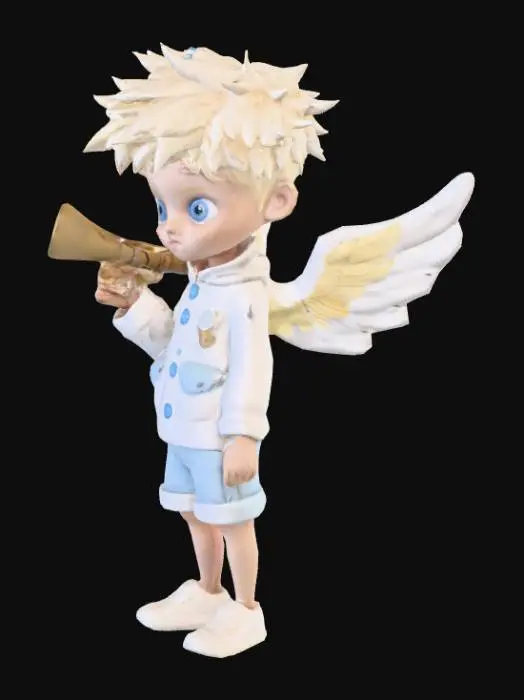 3D model for 'Young Angel One Piece style with adventurous theme. Children's face with large curious blue eyes. Pocent blonde hair with bright white tufts. You saw a white and blue explorer suit with multiple pockets and accessories. Small wings with degraded feathers in pastel colors. It carries a magical telescope that emits star light. Pose in T: Standing with legs together, arms extended horizontally to the sides, straight torso, looking forward with curious expression. '