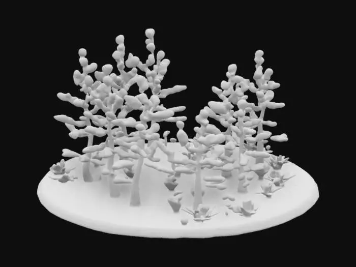 3D model for Small Sitka spruce and western hemlock saplings grow from rich, dark soil in a bordered plot. The spruce have thin, smooth trunks and soft green needles; the hemlock have slender, drooping branches with flat needles. Around them sprout low dwarf dogwood and young fireweed. The soil is damp with mulch, and water droplets cling to the leaves. All plants are healthy, small, and reaching toward the light.