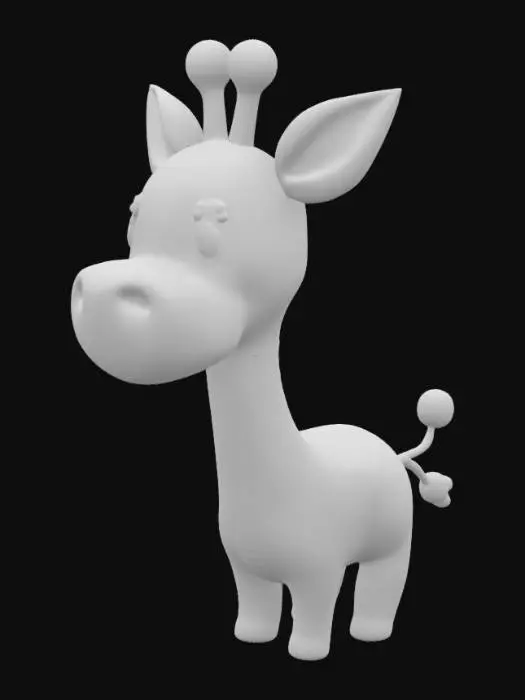 3D model for A 3D model of a cute chibi giraffe. The giraffe has a small chubby body, short stubby legs, a tiny tail, and a large head with big shiny eyes. The neck is slightly long but still proportionally chibi-style (not realistic). The colors are bright and the style is soft and cartoonish like a kid-friendly toy mascot.
