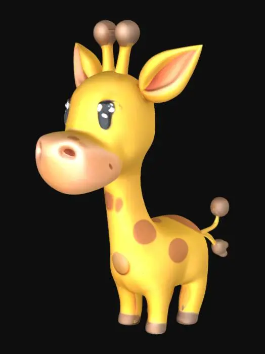 3D model for A 3D model of a cute chibi giraffe. The giraffe has a small chubby body, short stubby legs, a tiny tail, and a large head with big shiny eyes. The neck is slightly long but still proportionally chibi-style (not realistic). The colors are bright and the style is soft and cartoonish like a kid-friendly toy mascot.
