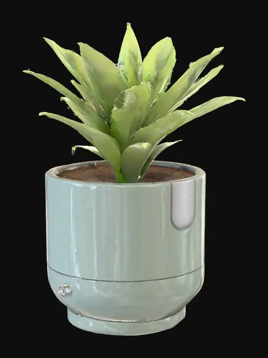 3D model for Create a realistic 3D model of a smart plant pot designed for monitoring and automatic watering.
The pot should include:

A built-in soil moisture sensor inserted into the soil area.

A temperature sensor attached near the rim or surface.

A humidity sensor placed on the outer body or top edge.

A small integrated water tank at the base of the pot with a visible water level indicator and a tube leading to the soil.

Design details:

Modern, minimalistic style with smooth edges.

Material: matte plastic or ceramic texture.

Include realistic soil and a small green plant on top.

The sensors should look like small embedded electronic components with indicator LEDs.

Optional: a digital display on the front showing readings for moisture, temperature, and humidity.