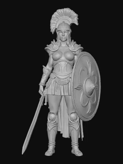 3D model for genera una chica con armadura y casco griego, que porte un escudo y una espada griegos, con una falda muy corta que deje ver un poco el culo. tiene que tener una musculatura muy definida sobre todo en el abdomen. que tenga una tamano de pecho grande pero sin ser desprorcionado. tiene que tener un aspecto agresivo. La estetica de la ropa tiene que ser parecida a la de w40k