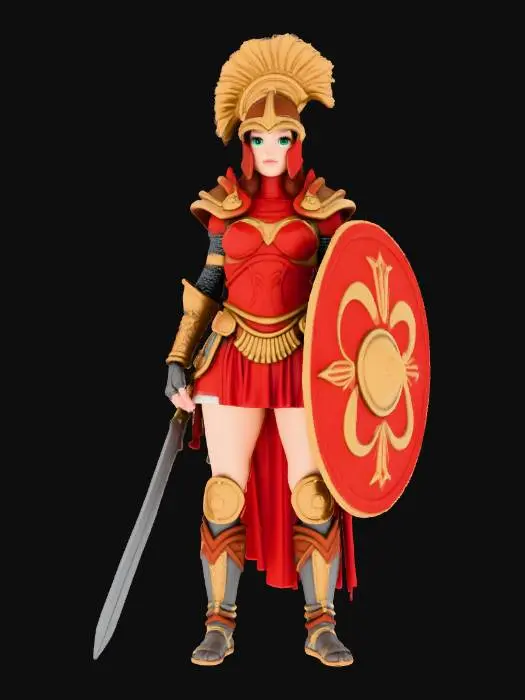 3D model for genera una chica con armadura y casco griego, que porte un escudo y una espada griegos, con una falda muy corta que deje ver un poco el culo. tiene que tener una musculatura muy definida sobre todo en el abdomen. que tenga una tamano de pecho grande pero sin ser desprorcionado. tiene que tener un aspecto agresivo. La estetica de la ropa tiene que ser parecida a la de w40k