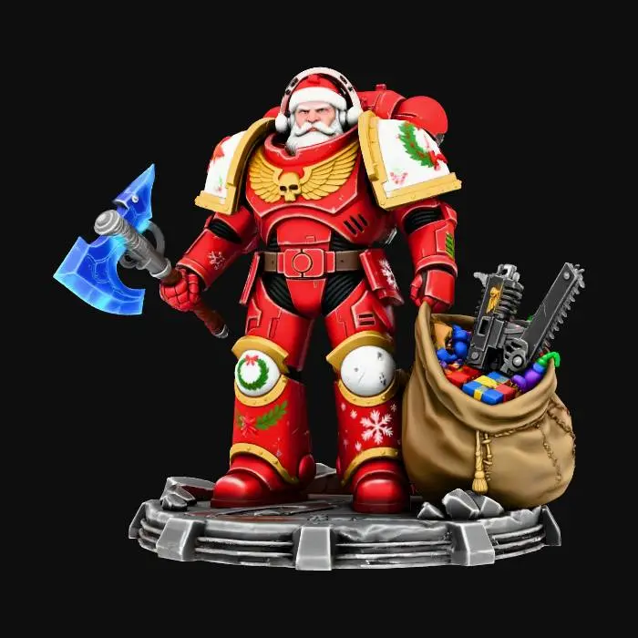 3D model for genera una imagen de santa claus con una armadura de marine espacial de w40k. en una mano tiene que llevar un hacha de energia y en la otra un saco con armas y regalos., #Christmas2025#