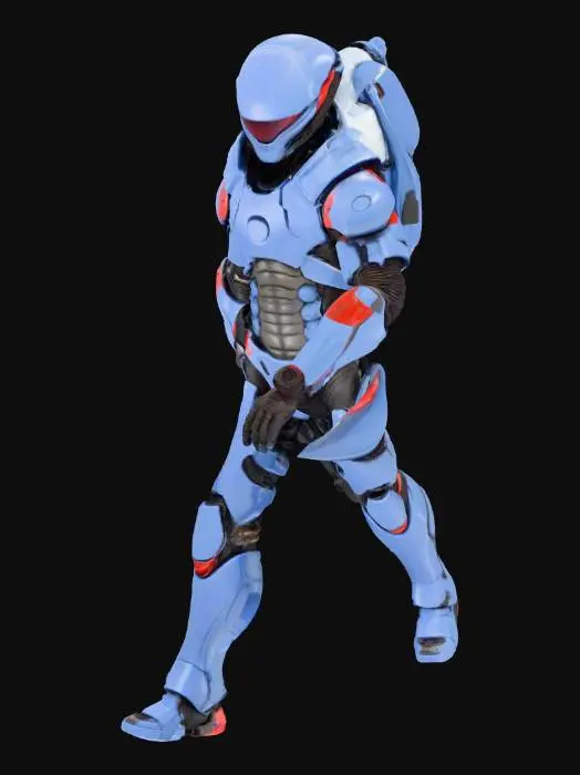 3D model for A Scout from an alien civilization with a streamlined, bionic body covered in deep blue high-hardness ceramic armor. Red biopolymer patches are visible at the armor joints. He carries a rifle that fires high-thermal plasma. Requirement: Biomechanic style, emphasize the smoothness and hardness of the ceramic, precise gaps and connection details between armor plates.