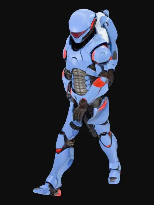 3D model for A Scout from an alien civilization with a streamlined, bionic body covered in deep blue high-hardness ceramic armor. Red biopolymer patches are visible at the armor joints. He carries a rifle that fires high-thermal plasma. Requirement: Biomechanic style, emphasize the smoothness and hardness of the ceramic, precise gaps and connection details between armor plates.