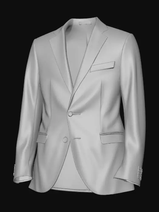 3D model for Men's formal suit blazer jacket, top only. Floating in mid-air using invisible ghost mannequin technique. Distinct three-button front closure. Sharp notched lapels, chest pocket, side flap pockets. Solid light-grey matte cotton texture. The interior is completely hollow and empty. The bottom hem is open to the air.No waistcoat. No vest. No inner coat. No watch coat. No shirt. No tie. No mannequin stand. No metal pole. No pedestal. No neck cylinder. No shirt. No skin. The object is levitating and cut off at the waist. Clean UV-unwrapped geometry. High quality quad topology.