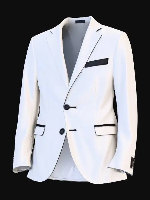 3D model for Men's formal suit blazer jacket, top only. Floating in mid-air using invisible ghost mannequin technique. Distinct three-button front closure. Sharp notched lapels, chest pocket, side flap pockets. Solid light-grey matte cotton texture. The interior is completely hollow and empty. The bottom hem is open to the air.No waistcoat. No vest. No inner coat. No watch coat. No shirt. No tie. No mannequin stand. No metal pole. No pedestal. No neck cylinder. No shirt. No skin. The object is levitating and cut off at the waist. Clean UV-unwrapped geometry. High quality quad topology.