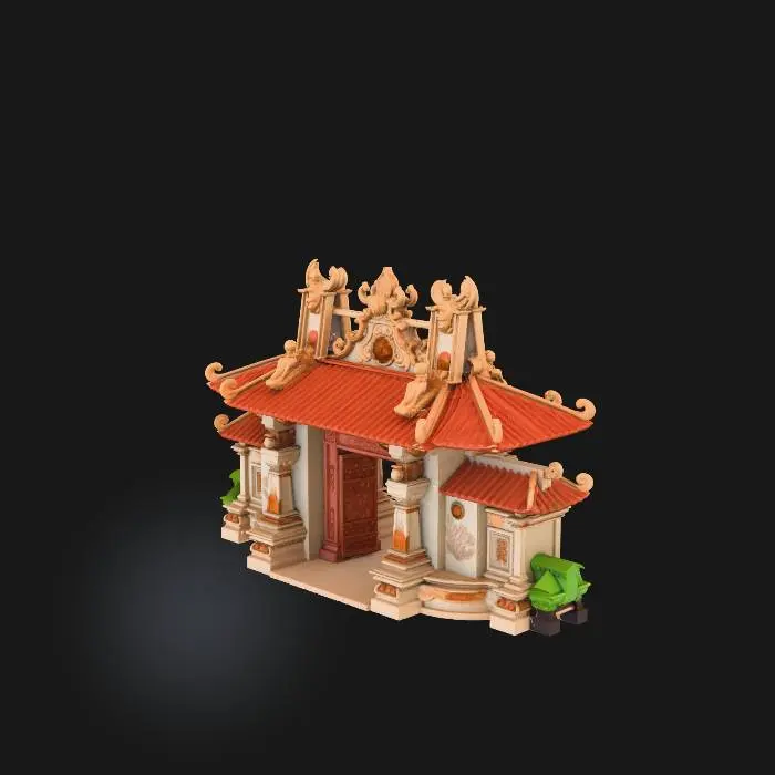 3D model for A unique traditional Javanese gate inspired by ancient Majapahit architecture, low poly 3D style.
The gate is made of carved stone and wood, featuring classic Javanese ornament patterns, batik motifs, and subtle relief carvings.
Design inspired by Candi Bentar and Gapura Paduraksa, with symmetrical structure, layered roof elements, and traditional Javanese silhouette.
Stylized low polygon geometry, clean topology, optimized for game assets.
Warm earthy colors (brown wood, dark stone, terracotta accents).
No realism, no high detail sculpting, simple shapes, game-ready asset, suitable for Roblox environment.
Centered object, no background, no characters.