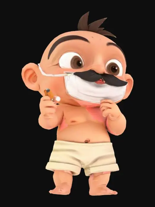 3D model for create a baby in a cartoon style, wearing a face mask ,  holding a cigarette in one hand. he is sitting in a bus. he has a moustache.