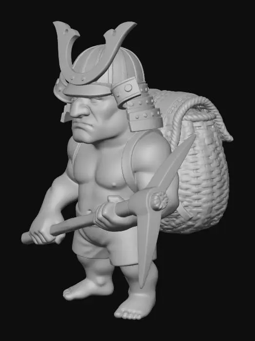 3D model for video game character who is a builder in game, short stocky with samurai style hat on, a peasants backpack, holding pickaxe and no shirt .