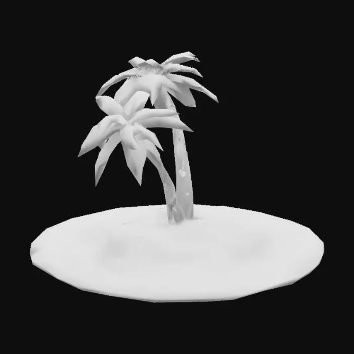 3D model for eine kleine runde insel mit zwei palmen darauf. Die eine Palme soll etwas größer sein als die andere beide leicht gebogen und die stämme sollen unten zusammen beginnen. Die palmen sollen leicht nach rechts von der mitte versetzt sein
