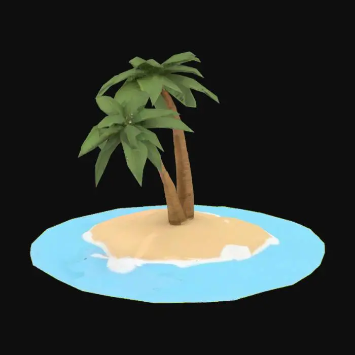 3D model for eine kleine runde insel mit zwei palmen darauf. Die eine Palme soll etwas größer sein als die andere beide leicht gebogen und die stämme sollen unten zusammen beginnen. Die palmen sollen leicht nach rechts von der mitte versetzt sein