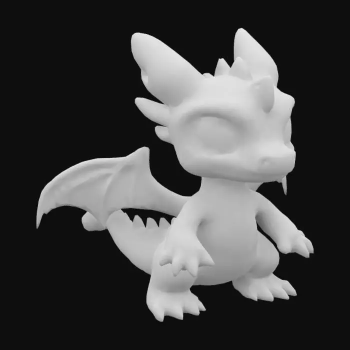 3D model for Erstelle mir einen kleinen Babydrachen im Style eines Pokemon. Der Drache sollte auf allen beinen Stehen und eine gerade Statue haben die mit gehobenen Kopf nach vorne schaut. Gib dem Drachen eine schwarz-grünliche Farbe.