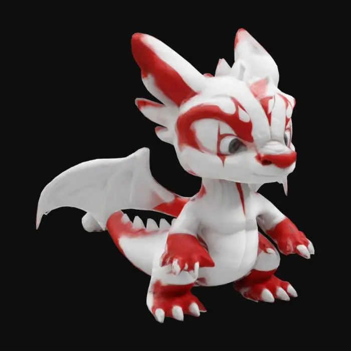 3D model for Erstelle mir einen kleinen Babydrachen im Style eines Pokemon. Der Drache sollte auf allen beinen Stehen und eine gerade Statue haben die mit gehobenen Kopf nach vorne schaut. Gib dem Drachen eine schwarz-grünliche Farbe.
