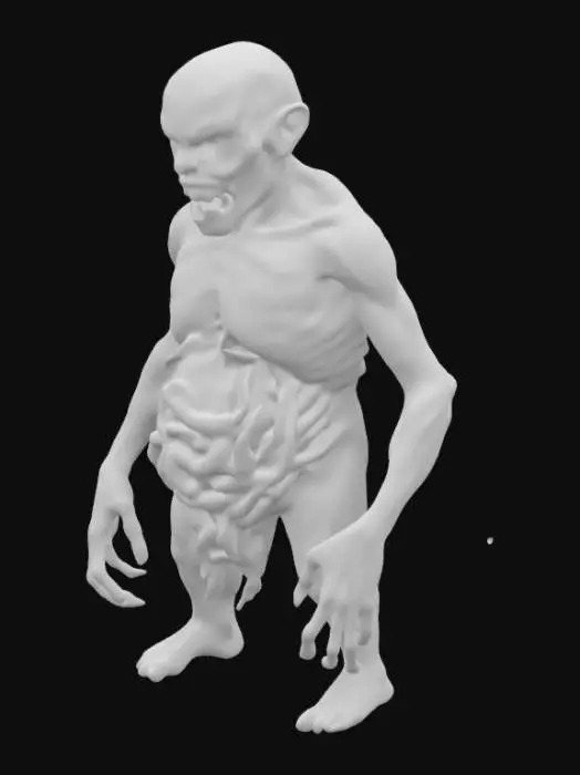 3D model for Crea un abominio umanoide dall’aspetto atrocemente disgustoso. Il suo corpo deve essere **deforme e marcescente, con la **pelle strappata e grumosa**, lasciando intravedere **muscoli in decomposizione e ossa contorte. Dal ventre squarciato fuoriescono viscere putride, con vermi e larve giganti** che strisciano dentro e fuori. Il volto è **distorto in una smorfia innaturale, con occhi infetti e sbilenchi una bocca piena di denti spezzati e gengive sanguinanti, da cui cola una bava viscida e scura