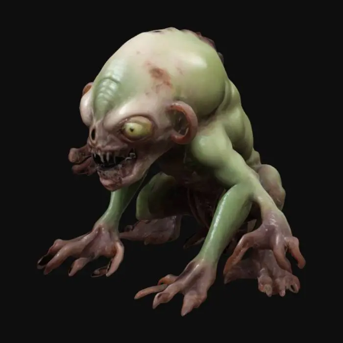 3D model for Crea un **mostro horror disgustoso** proveniente da un **pianeta alieno tossico**. Deve avere una **pelle putrefatta e viscida**, con **tentacoli carnosi** e **vermi striscianti** che fuoriescono dalle sue **budella lacerate**. Occhi multipli e asimmetrici, bocca deformata con **denti irregolari e bavosi**, e arti sproporzionati con **unghie marce e artigli scheletrici**. Il corpo deve essere **gonfio di liquidi infetti**, con **pustole esplose e ossa sporgenti**. 