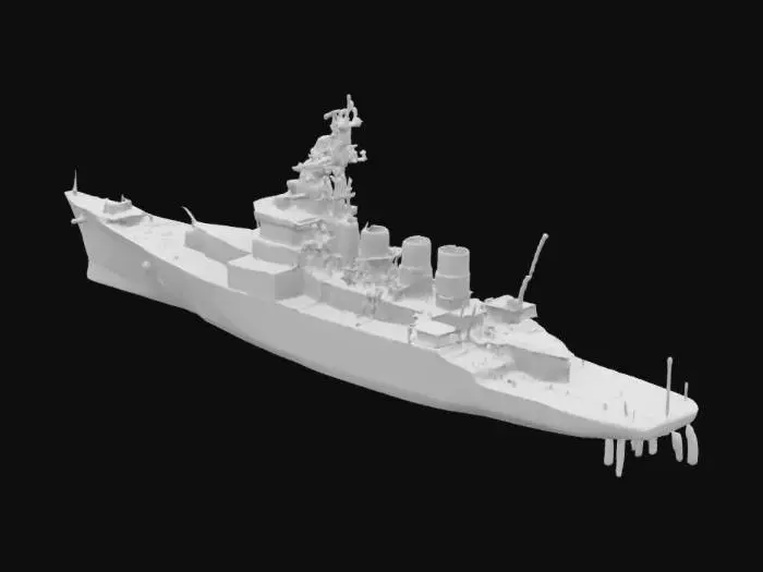 3D model for Photorealistic 3D model render of the USS Sarsfield (DD-837). Unreal Engine 5 cinematic style, studio lighting, neutral background. The model is hyper-detailed with realistic PBR textures, showing subtle weathering and rust. Low-angle shot, 8K, photorealism.