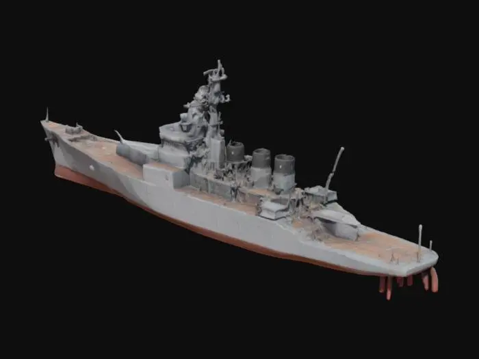 3D model for Photorealistic 3D model render of the USS Sarsfield (DD-837). Unreal Engine 5 cinematic style, studio lighting, neutral background. The model is hyper-detailed with realistic PBR textures, showing subtle weathering and rust. Low-angle shot, 8K, photorealism.