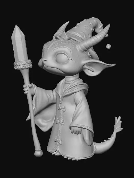 3D model for Чиби-Дракон с большой головой с кристальным посохом в лапе, одет в мантию волшебника