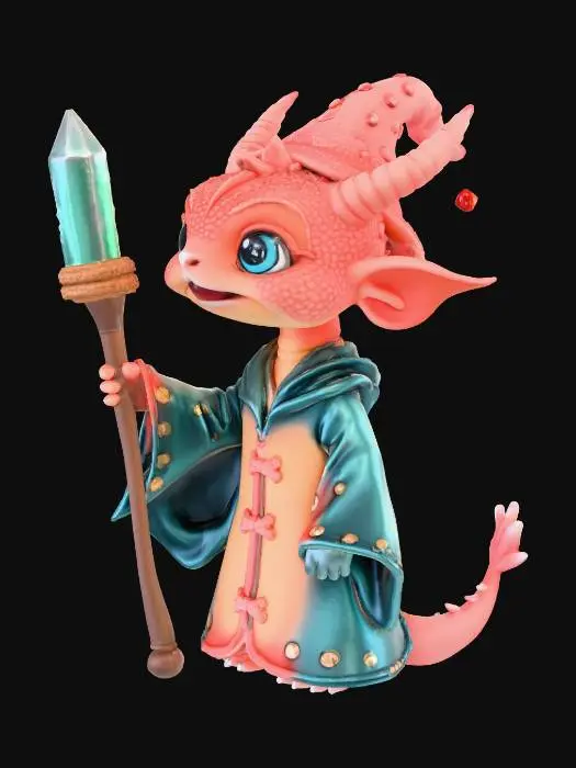 3D model for Чиби-Дракон с большой головой с кристальным посохом в лапе, одет в мантию волшебника