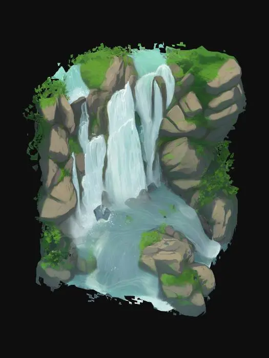 3D model for studio ghibli waterfall (in a forest) with bubbling water, rocky cliff. cartoon / anime style.