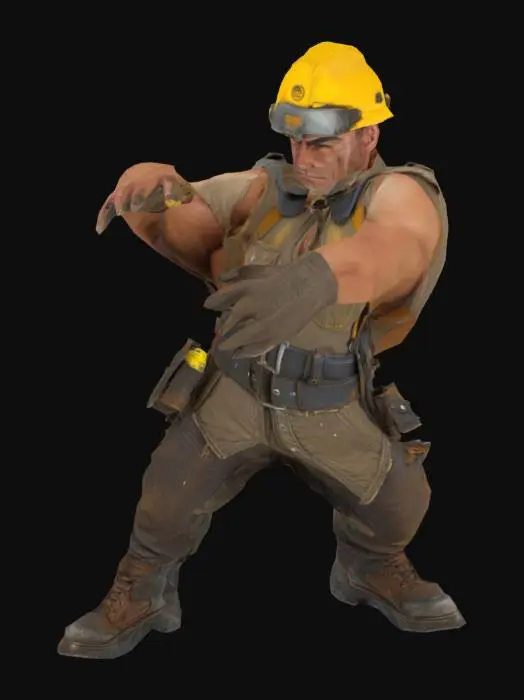 3D model for Um homem grande e musculoso, com pele bronzeada pelo sol e feições duras. Ele veste uma roupa suja e desgastada de trabalhador de desmatamento: calças jeans grossas manchadas de óleo, botas pesadas de couro reforçado e uma camisa de algodão sem mangas rasgada nas bordas. Usa um colete refletivo parcialmente aberto e um cinto utilitário com ferramentas como chave inglesa, facão e lanterna. Seu capacete de empreiteiro amarelo está riscado e coberto de poeira, com um óculos de proteção repousando acima da aba. O rosto mostra uma expressão arrogante e ameaçadora, com barba por fazer. Uma ombreira improvisada feita de peças de trator velho cobre um dos ombros, combinando com luvas de couro gastas.