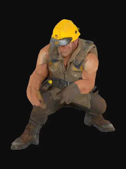 3D model for Um homem grande e musculoso, com pele bronzeada pelo sol e feições duras. Ele veste uma roupa suja e desgastada de trabalhador de desmatamento: calças jeans grossas manchadas de óleo, botas pesadas de couro reforçado e uma camisa de algodão sem mangas rasgada nas bordas. Usa um colete refletivo parcialmente aberto e um cinto utilitário com ferramentas como chave inglesa, facão e lanterna. Seu capacete de empreiteiro amarelo está riscado e coberto de poeira, com um óculos de proteção repousando acima da aba. O rosto mostra uma expressão arrogante e ameaçadora, com barba por fazer. Uma ombreira improvisada feita de peças de trator velho cobre um dos ombros, combinando com luvas de couro gastas.
