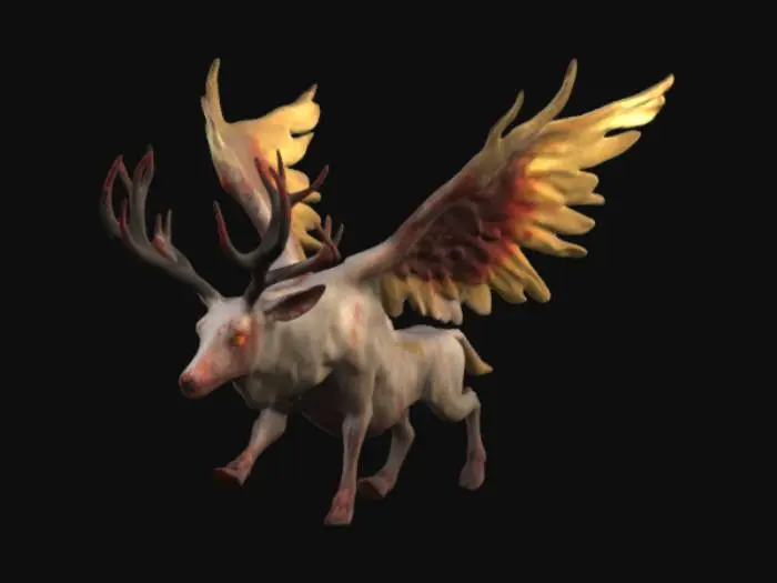 3D model for generate for me a full-scale image of a dear with bloodied large  anthers, golden eyes and with wings making an ethereal pose  