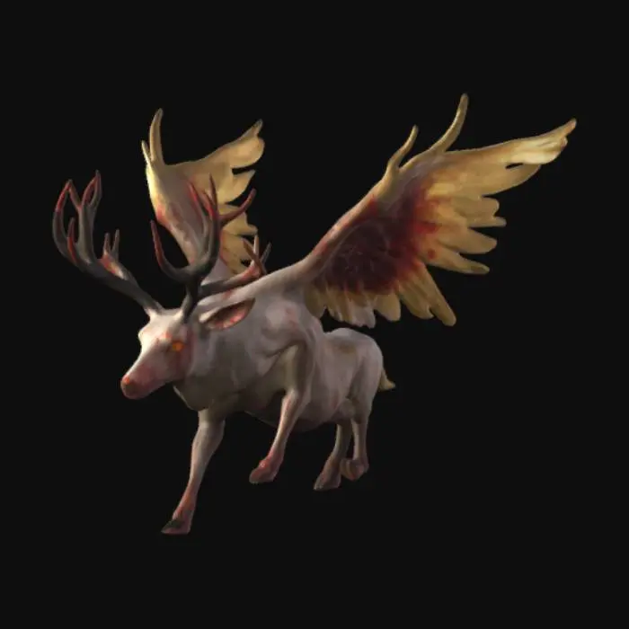 3D model for generate for me a full-scale image of a dear with bloodied large  anthers, golden eyes and with wings making an ethereal pose  