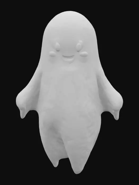 3D model for Cute cartoon-style ghost with rounded, smooth body. No facial holes or limbs. simple raised eyes and smile. Soft, blobby silhouette with curtain-like-body. Even surface, stylized, high-quality 3D print model.