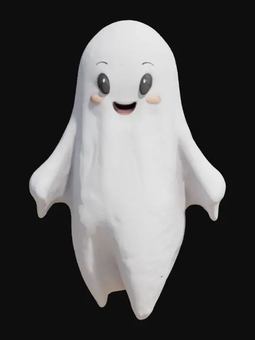 3D model for Cute cartoon-style ghost with rounded, smooth body. No facial holes or limbs. simple raised eyes and smile. Soft, blobby silhouette with curtain-like-body. Even surface, stylized, high-quality 3D print model.