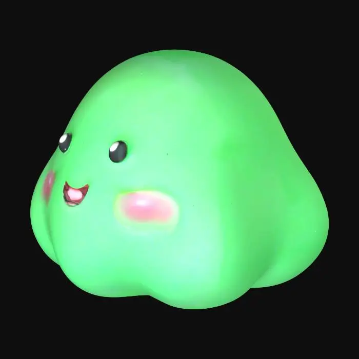3D model for A squishy, see-through jelly blob miniature. Its body is a pile of soft, gelatinous folds that look like they are gently melting into each other. A few small, sculpted fruit pieces are suspended inside the folds. It has a simple, cute face with two dot eyes and a happy smile.

#blob #jelly #cute