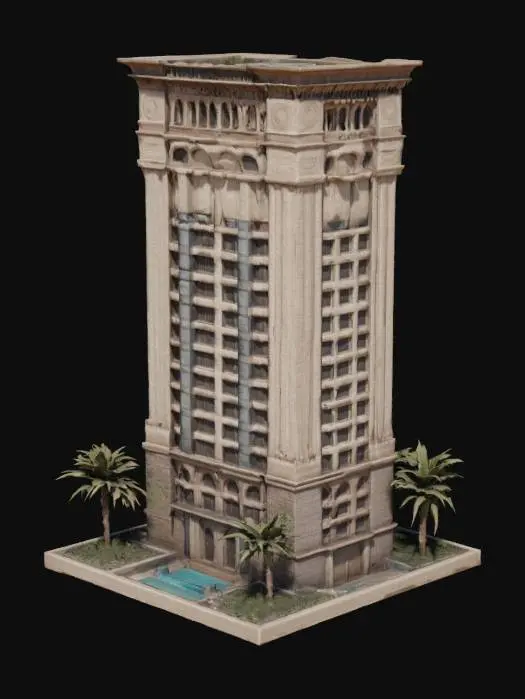 3D model for Tall high rise hotel brown stone classic style, new york city, with swimming pool on the roof,  Stylized, Game Assets, Ultra Realistic, Highly Detailed.