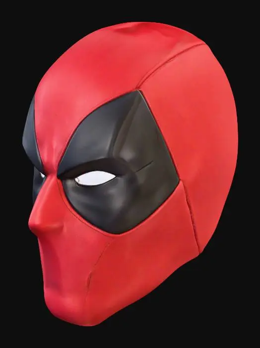 3D model for A form-fitting superhero mask, designed for Deadpool, featuring a distinctively sculpted silhouette that accentuates the facial contours. It is primarily composed of a smooth, flexible synthetic fabric, giving it a sleek yet slightly textured appearance. The vibrant color scheme consists of a dominant, rich crimson red, sharply contrasted by obsidian black sections around the eyes. The eye areas are stylized, appearing as dark, elongated shapes, conveying a determined and somewhat mischievous expression. Subtle stitching details define the various panels of the mask.