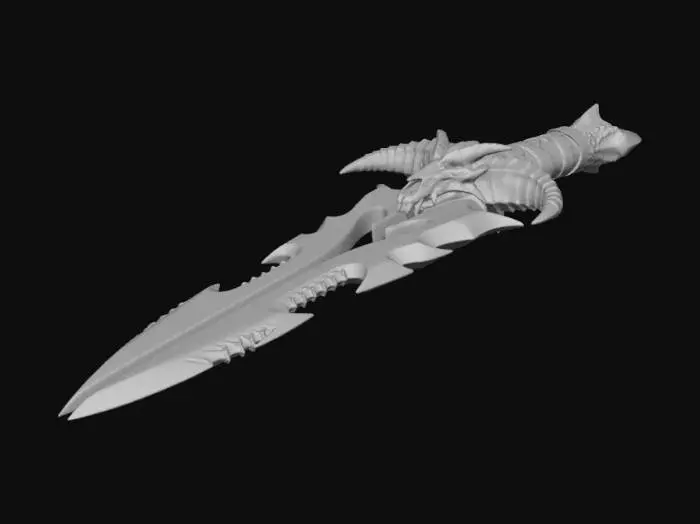 3D model for A legendary dark fantasy dagger forged from an ancient dragon’s remains. The blade is double but extremely sharp, with flame profile and a serrated dragon-scale pattern along the edge. The godly metal is obsidian fire mixed with deep crimson veins of blood glowing faintly like molten lava.The dagger emits a subtle shadow aura, with dark smoke and red embers slowly drifting around it.
