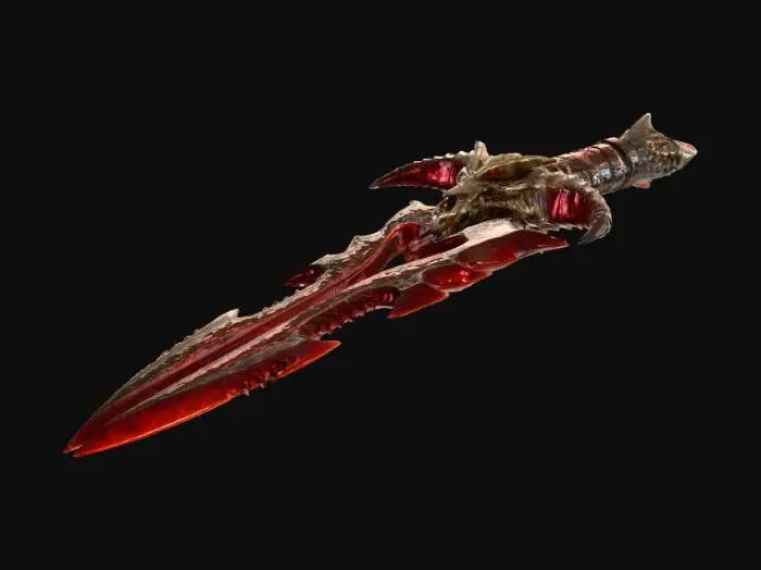 3D model for A legendary dark fantasy dagger forged from an ancient dragon’s remains. The blade is double but extremely sharp, with flame profile and a serrated dragon-scale pattern along the edge. The godly metal is obsidian fire mixed with deep crimson veins of blood glowing faintly like molten lava.The dagger emits a subtle shadow aura, with dark smoke and red embers slowly drifting around it.