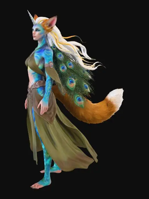3D model for Merge a bakaniku, kitsuna, female human, peacock, unicorn as one creature