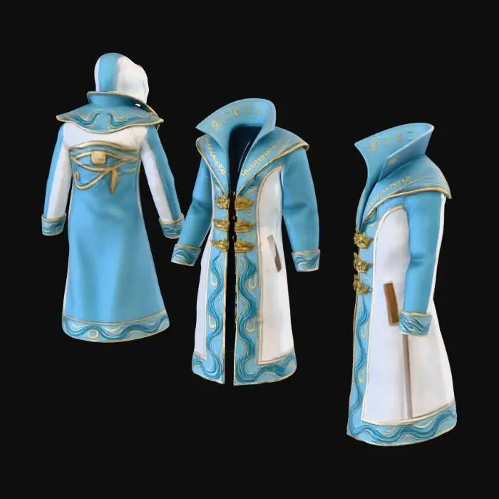 3D model for I like to create a long code where the eye of raw a symbol is on the back of the hoodie and then on the collar is Egyptian writing that says son of the heavens on one side Father of the darkness on the other side of the collar in Egyptian writing then I would like to have the base of the outer coat to be a greek-like with c The leaf crowns be like the buttons on the code and then Make the borderline a river flow around make the colors light blue white gold and merge all three of these photos together as one