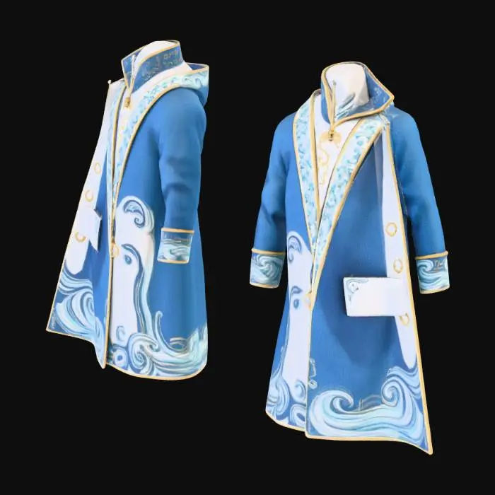 3D model for I like to create a long code where the eye of raw a symbol is on the back of the hoodie and then on the collar is Egyptian writing that says son of the heavens on one side Father of the darkness on the other side of the collar in Egyptian writing then I would like to have the base of the outer coat to be a greek-like with c The leaf crowns be like the buttons on the code and then Make the borderline a river flow around make the colors light blue white gold and merge all three of these photos together as one