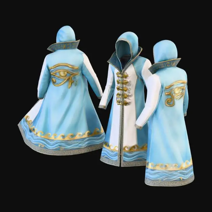 3D model for I like to create a long code where the eye of raw a symbol is on the back of the hoodie and then on the collar is Egyptian writing that says son of the heavens on one side Father of the darkness on the other side of the collar in Egyptian writing then I would like to have the base of the outer coat to be a greek-like with c The leaf crowns be like the buttons on the code and then Make the borderline a river flow around make the colors light blue white gold and merge all three of these photos together as one