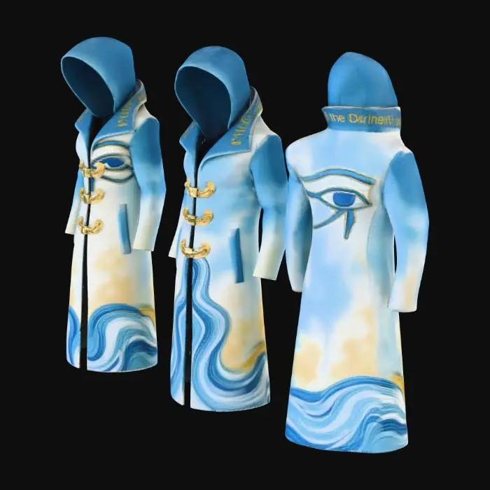 3D model for I like to create a long code where the eye of raw a symbol is on the back of the hoodie and then on the collar is Egyptian writing that says son of the heavens on one side Father of the darkness on the other side of the collar in Egyptian writing then I would like to have the base of the outer coat to be a greek-like with c The leaf  crowns be like the buttons on the code and then Make the borderline a river flow around make the colors light blue white gold and merge all three of these photos together as one