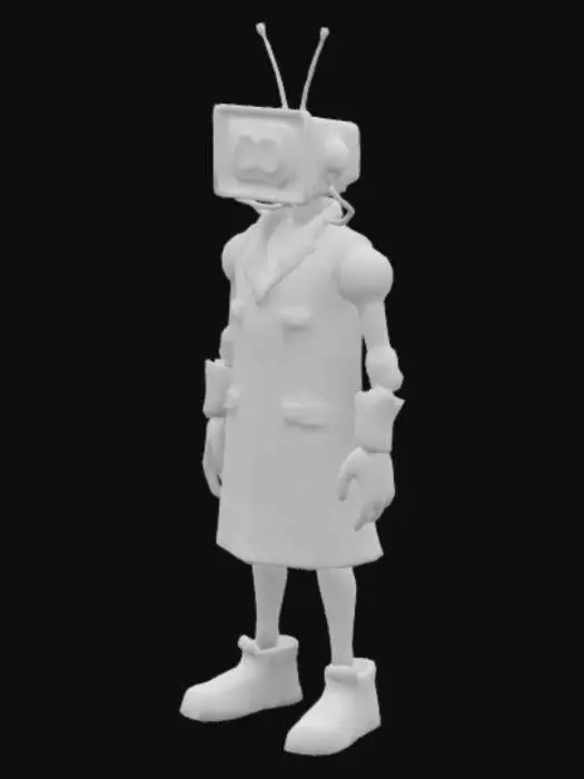 3D model for he takes control of mechanical bodies with long robotic arms and legs, and a TV head that displays his eye. All these bodies wear white cloaks made of lab coats stitched together.