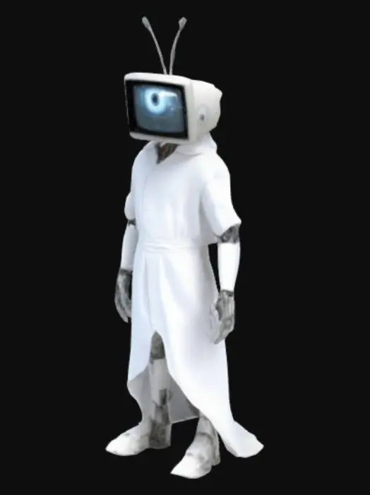 3D model for he takes control of mechanical bodies with long robotic arms and legs, and a TV head that displays his eye. All these bodies wear white cloaks made of lab coats stitched together.
