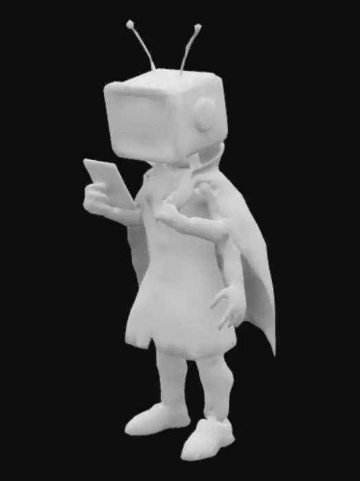 3D model for he takes control of mechanical bodies with long robotic arms and legs, and a TV head that displays his eye. All these bodies wear white cloaks made of lab coats stitched together.